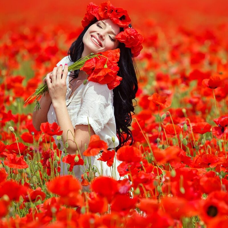 Woman in Poppy Field — Red, Serene, Afternoon, Photograph, Poppy Flowers, Flower Crown, White Dress
