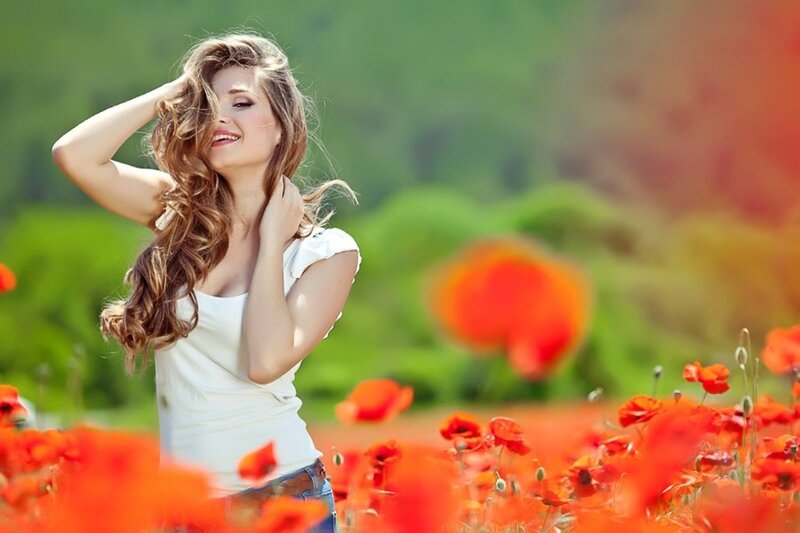 Woman in Poppy Field — Red, Serene, Afternoon, Photograph, Poppy Flowers, Green Hills