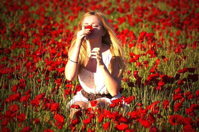 Woman in Poppy Field — Red, Serene, Afternoon, Photograph, Poppy Flowers