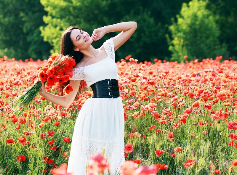 Woman in Poppy Field — Red, Serene, Afternoon, Photograph, Poppy Flowers, White Dress, Black Belt