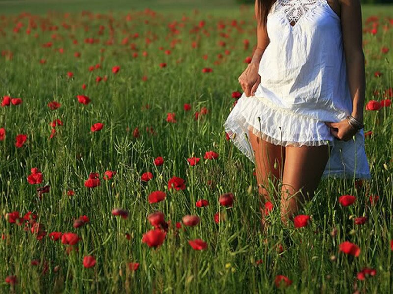 Woman in Poppy Field — Red, Serene, Afternoon, Photograph, Poppy Flowers, White Dress, Green Grass