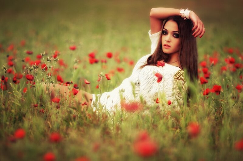Woman in Poppy Field — Red, Serene, Afternoon, Photograph, Poppy Flowers, White Sweater