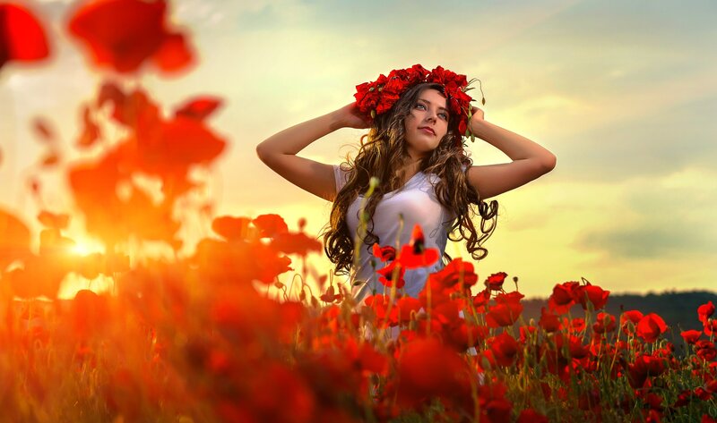 Woman in Poppy Field — Red, Serene, Sunset, Photograph, Poppy Flowers, Crown of Flowers