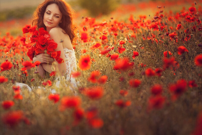 Woman in Poppy Field — Red, Serene, Sunset, Photograph, Poppy Flowers, White Dress