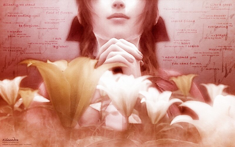woman in prayer with flowers