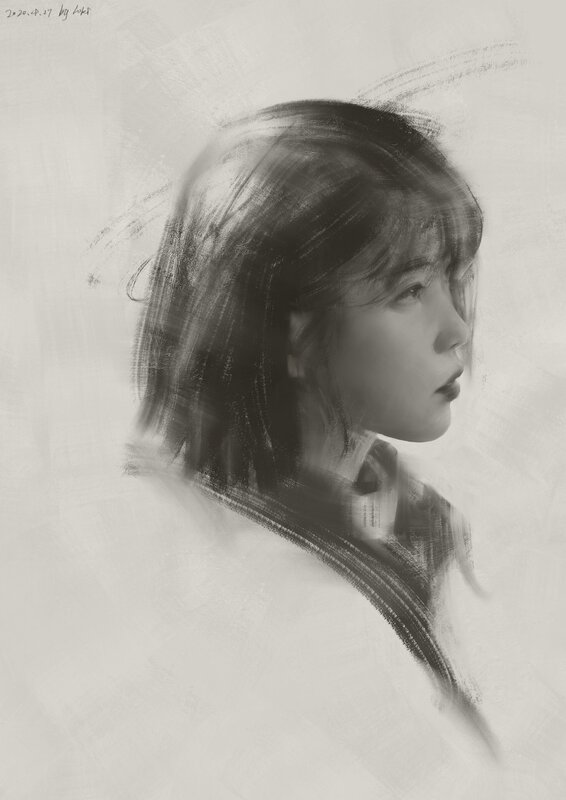 Woman in Profile — Black, Contemplative, Digital Art, Hair, Shoulder