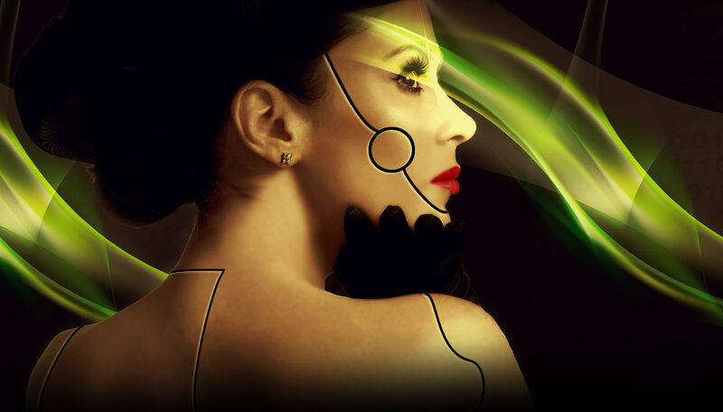 Woman in Profile — Black, Dramatic, Digital Art, Gloved Hand