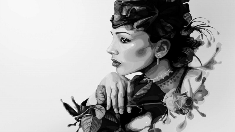Woman in Profile — Black, Dramatic, Digital Art, Hat