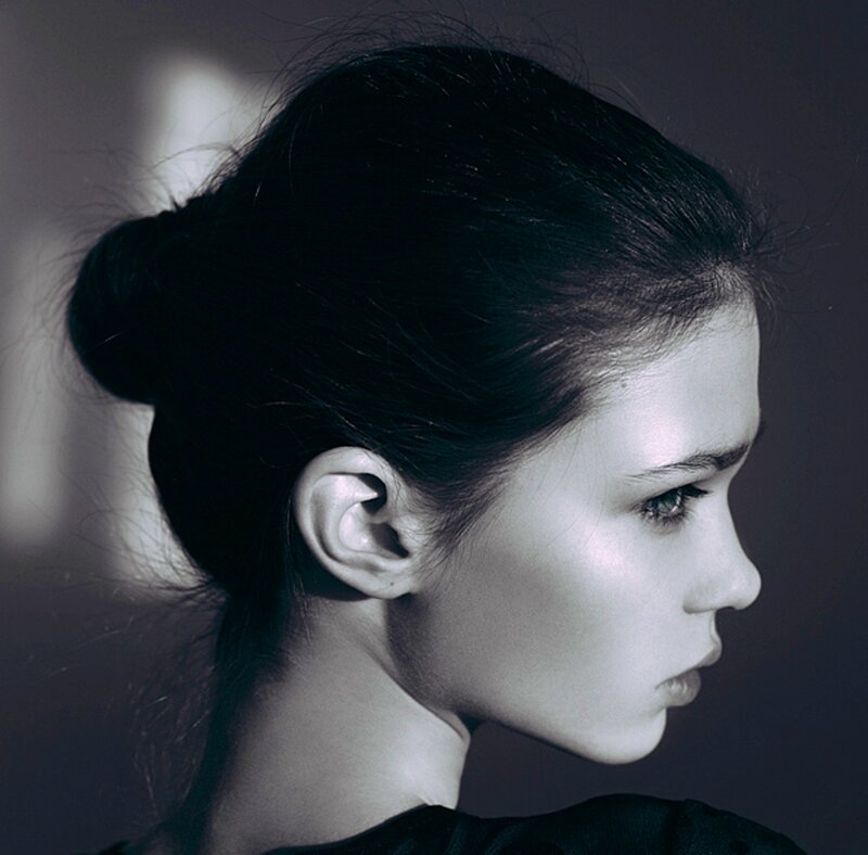 Woman in Profile — Black, Dramatic, Photograph, Hair Bun