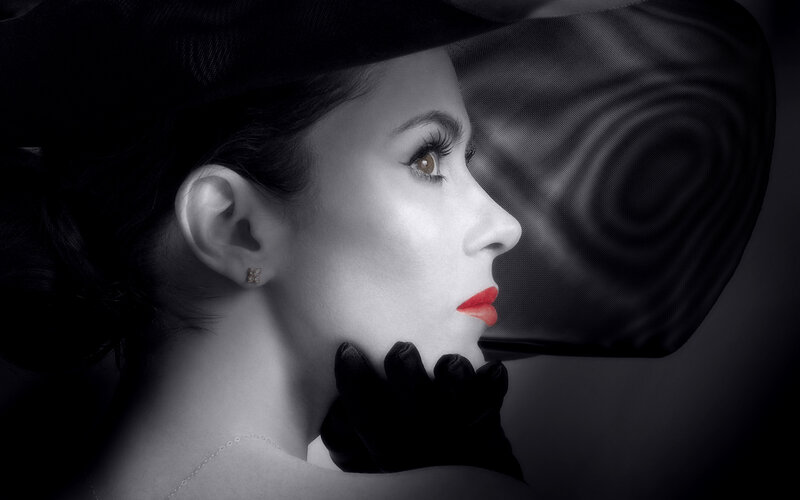 Woman in Profile — Black, Dramatic, Photograph, Hat, Gloves