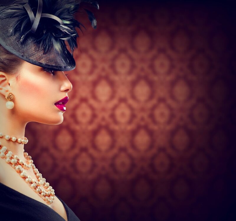 Woman in Profile — Black, Dramatic, Photograph, Hat, Pearl Necklace
