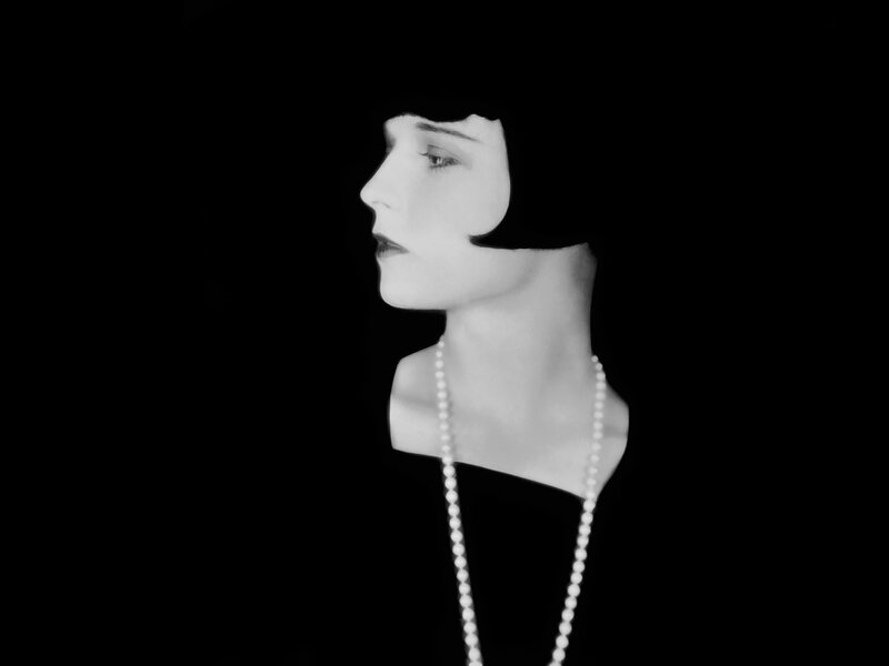 Woman in Profile — Black, Dramatic, Photograph, Pearl Necklace