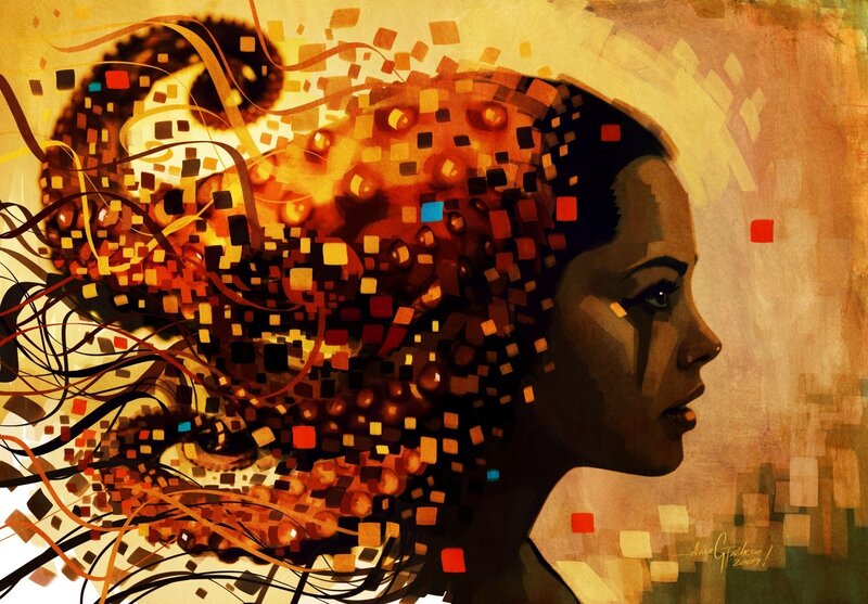 Woman in Profile — Brown, Dramatic, Digital Art, Squares