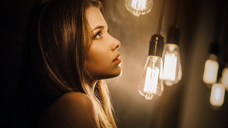 Woman in Profile — Brown, Dramatic, Night, Photograph, Light Bulbs