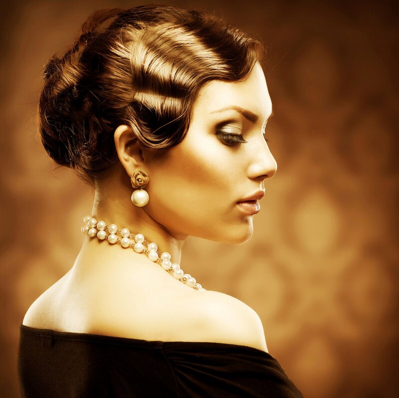 Woman in Profile — Brown, Dramatic, Photograph, Pearl Necklace
