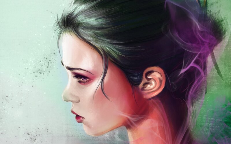 Woman in Profile — Green, Dramatic, Digital Art, Smoke