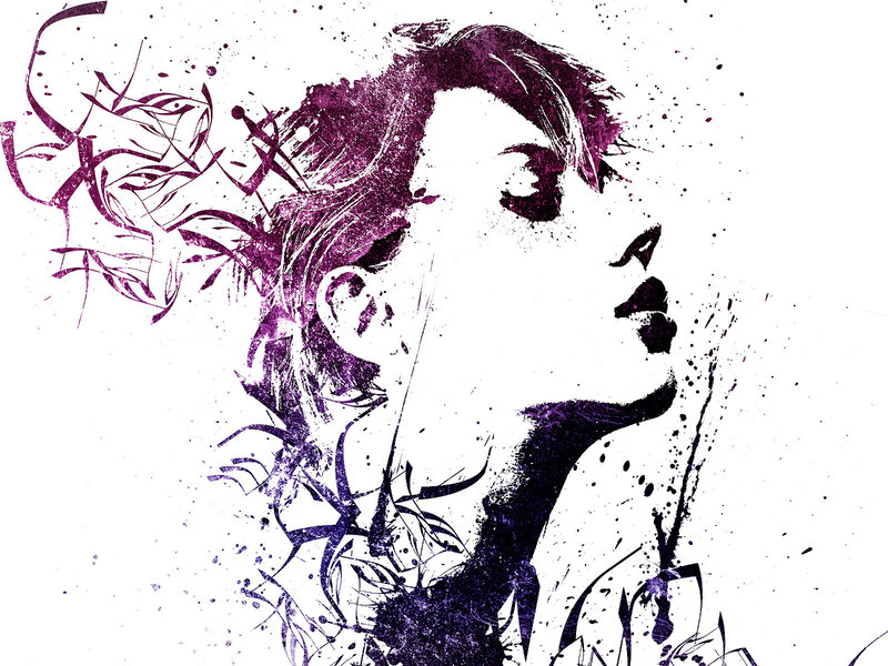 Woman in Profile — Purple, Dramatic, Digital Art, Splatter