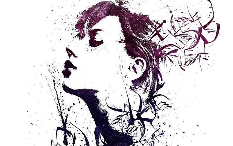 Woman in Profile — Purple, Dramatic, Digital Art, Splatters