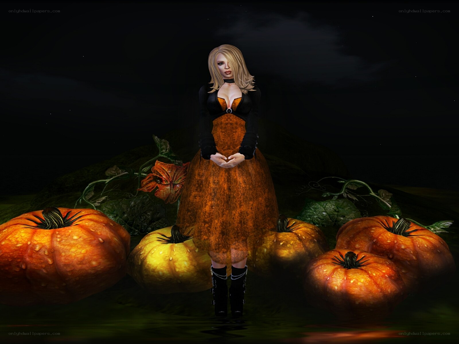 woman in pumpkin patch at night