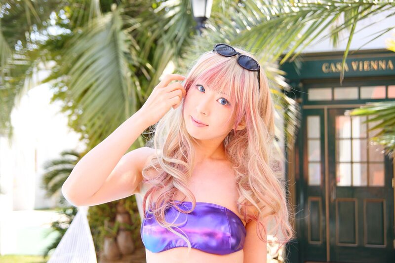 Woman in purple bikini top