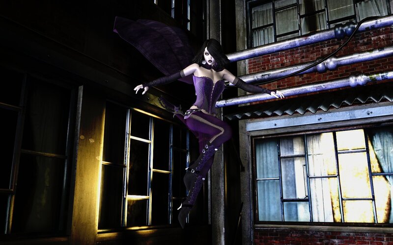 woman in purple costume on rooftop