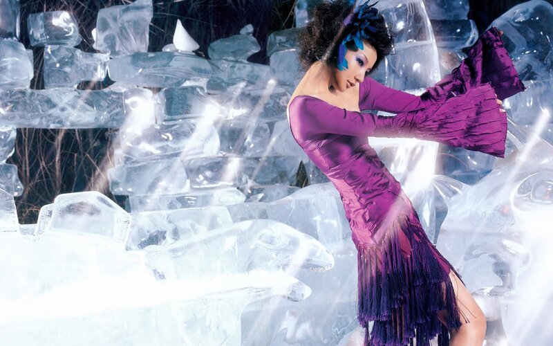 woman in purple dress among ice
