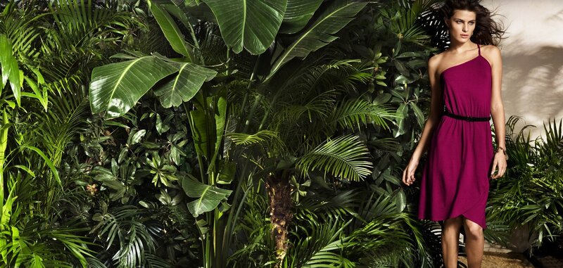 Woman in purple dress among plants
