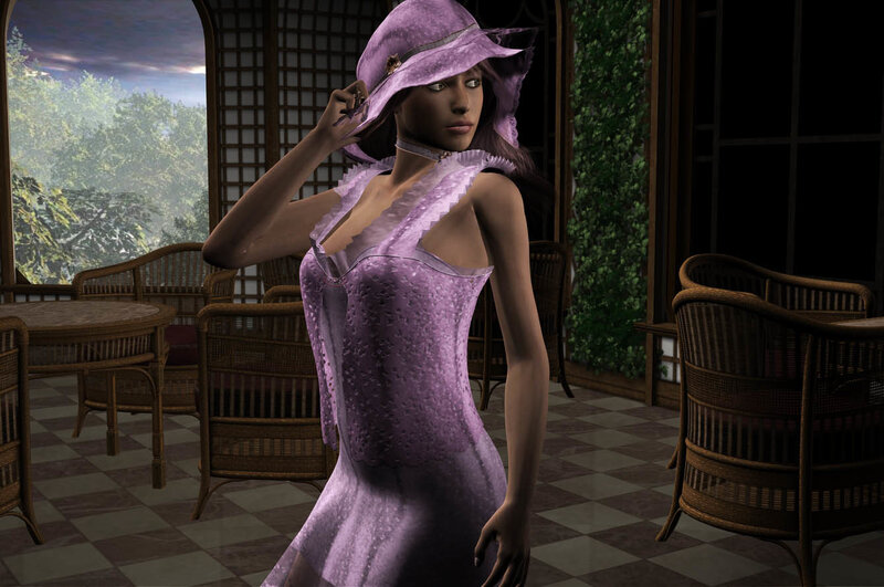 Woman in purple dress and hat