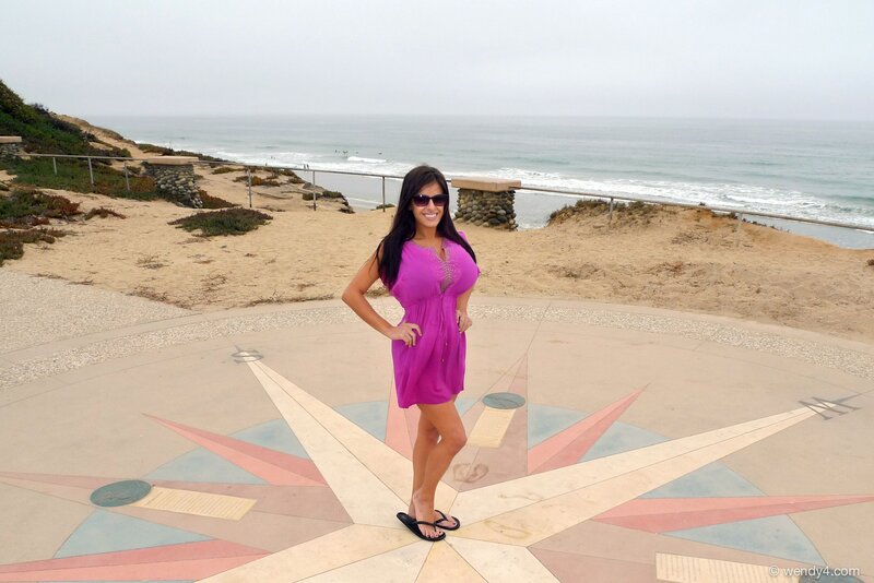 Woman in purple dress at seaside compass