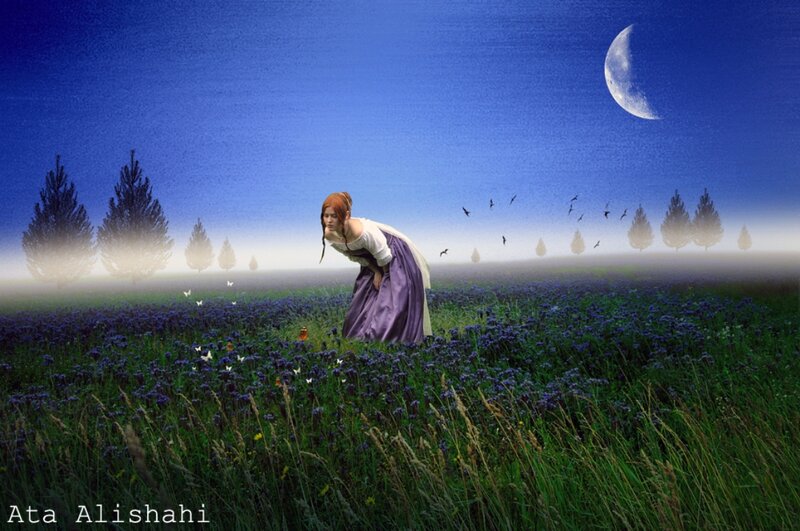 Woman in Purple Dress — Blue, Serene, Night, Digital Art, Moon