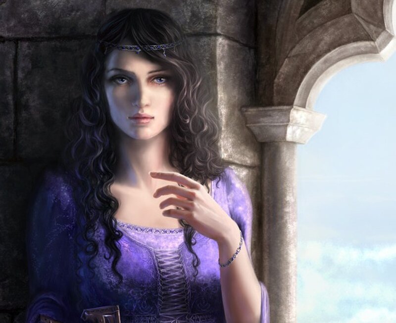 woman in purple dress by window