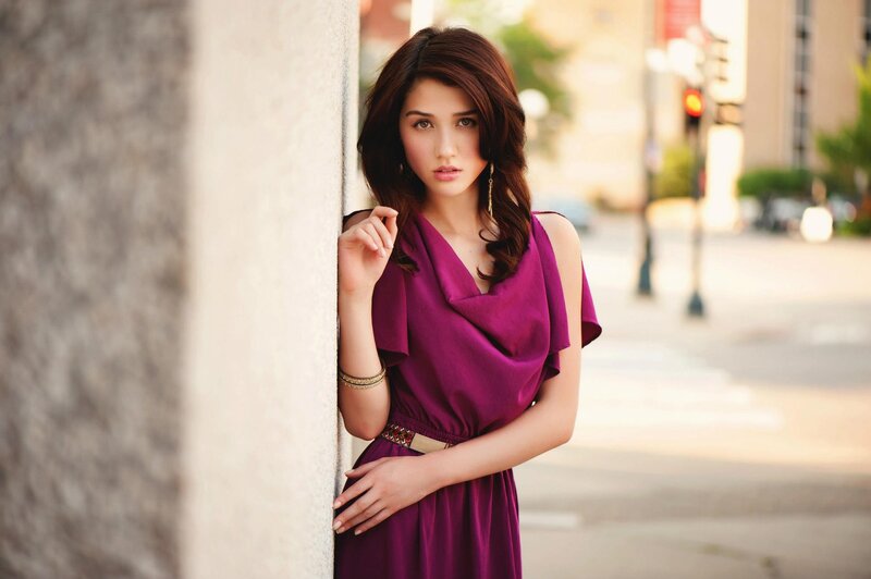 Woman in Purple Dress — Calm, Afternoon, Photograph, Wall, Street