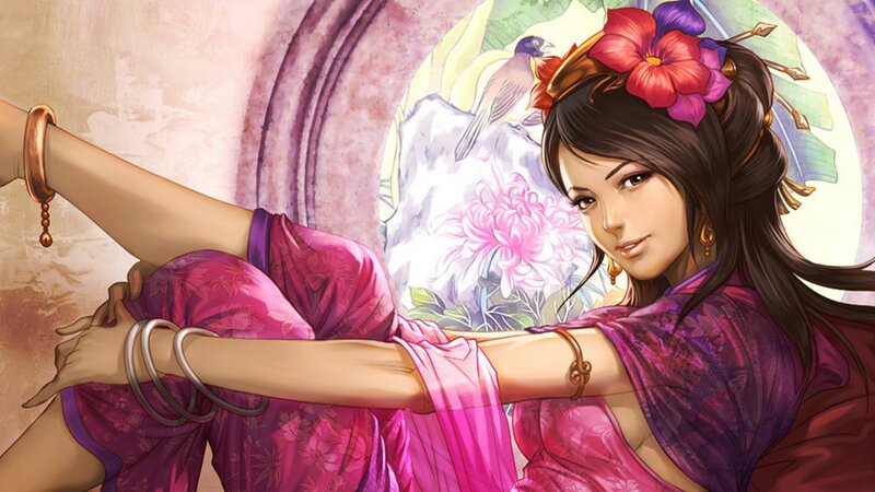 Woman in Purple Dress — Calm, Digital Art, Flowers, Bird