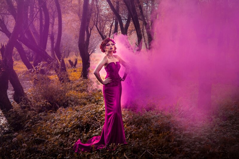 Woman in Purple Dress — Dramatic, Autumn, Photograph, Smoke