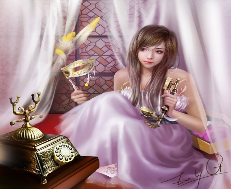 Woman in Purple Dress — Dramatic, Digital Art, Feathered Mask