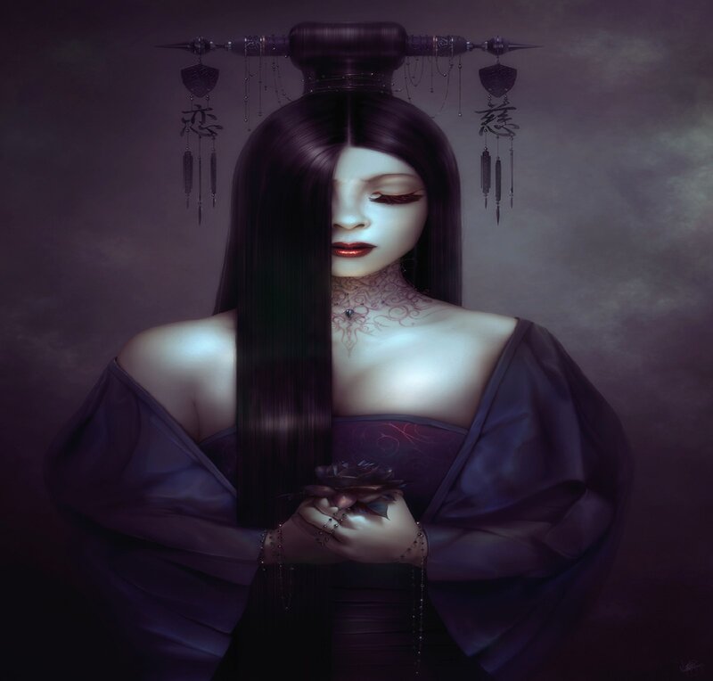Woman in Purple Dress — Dramatic, Digital Art, Flower