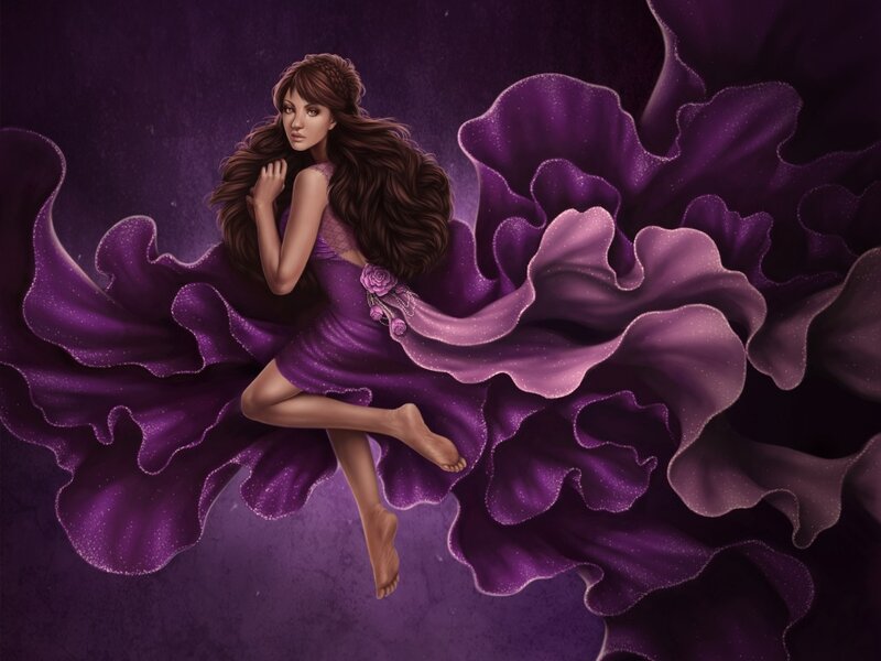 Woman in Purple Dress — Dramatic, Digital Art, Flowers