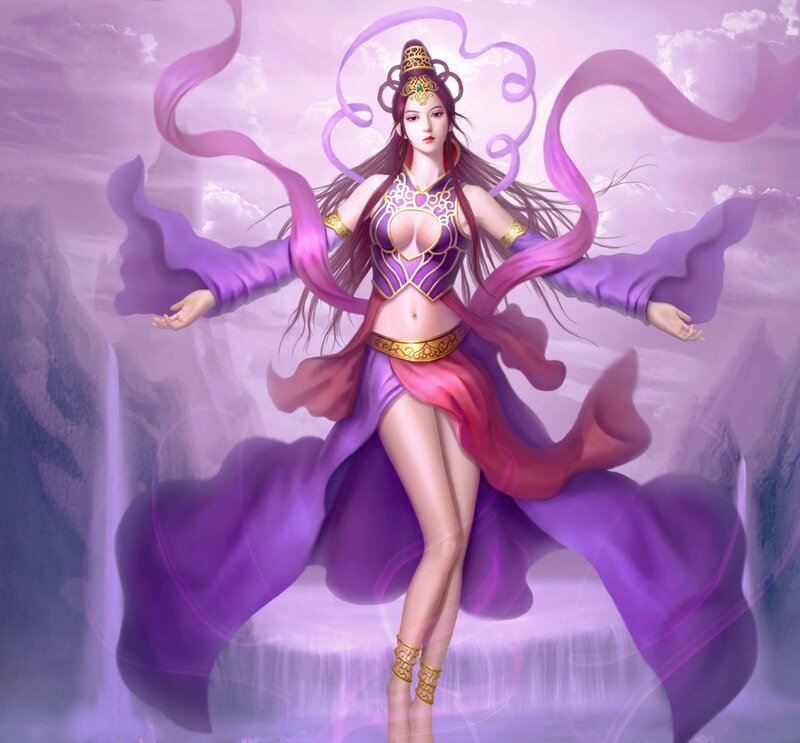 Woman in Purple Dress — Dramatic, Digital Art, Long Hair, Flowing Fabric, Mountains