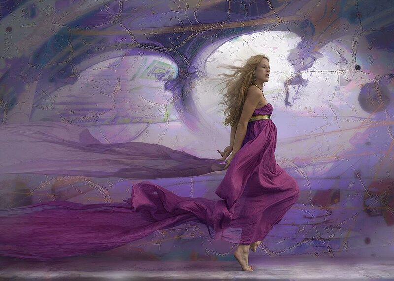 Woman in Purple Dress — Dramatic, Digital Art, Long Hair, Flowing Fabric