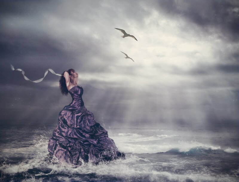 Woman in Purple Dress — Dramatic, Digital Art, Seagulls