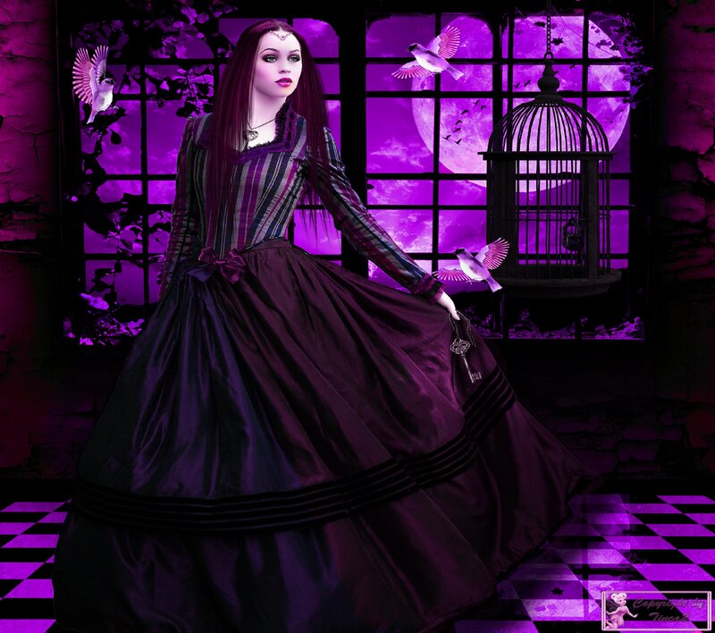 Woman in Purple Dress — Dramatic, Night, Digital Art, Birds