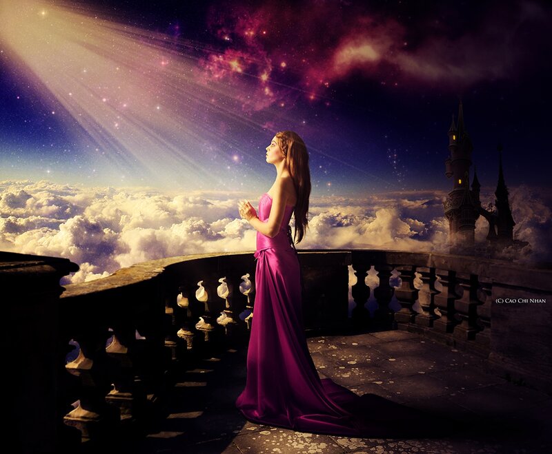 Woman in Purple Dress — Dramatic, Night, Digital Art, Castle