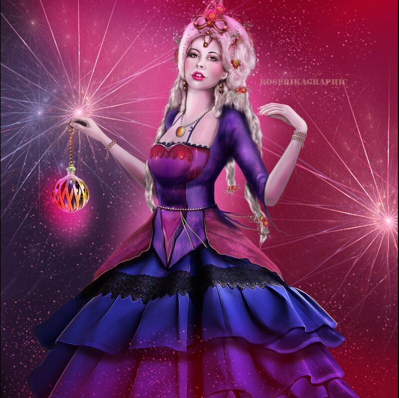 Woman in Purple Dress — Dramatic, Night, Digital Art, Fireworks