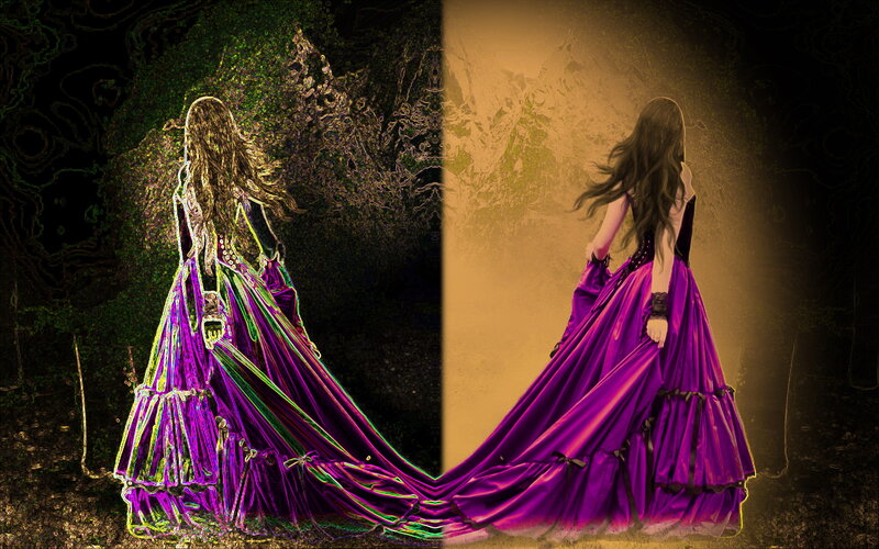 Woman in Purple Dress — Dramatic, Night, Digital Art, Forest, Light