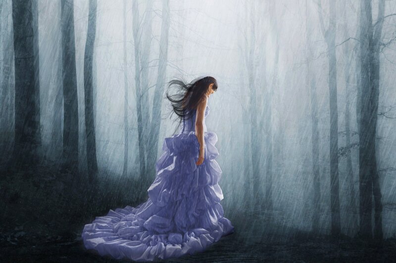 Woman in Purple Dress — Dramatic, Night, Digital Art, Forest