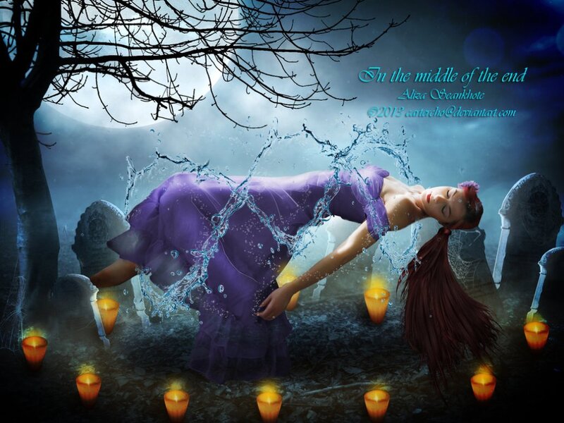 Woman in Purple Dress — Dramatic, Night, Digital Art, Graveyard