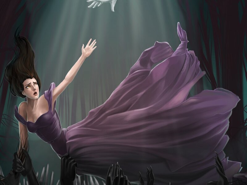 Woman in Purple Dress — Dramatic, Night, Digital Art, Hands