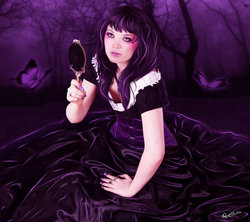 Woman in Purple Dress — Dramatic, Night, Digital Art, Mirror