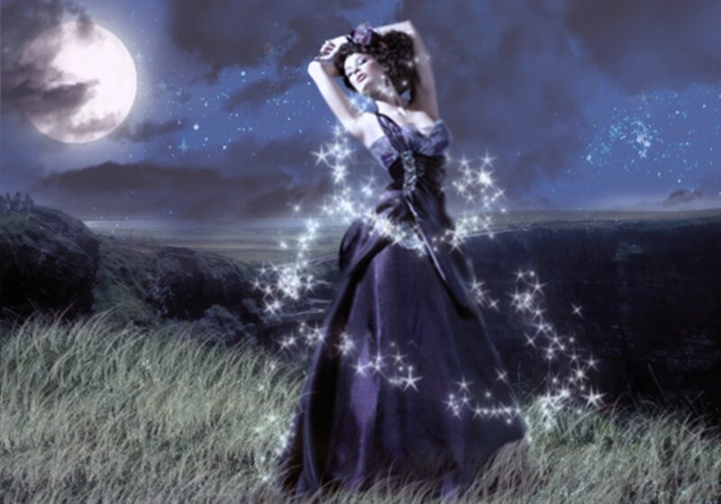 Woman in Purple Dress — Dramatic, Night, Digital Art, Moon