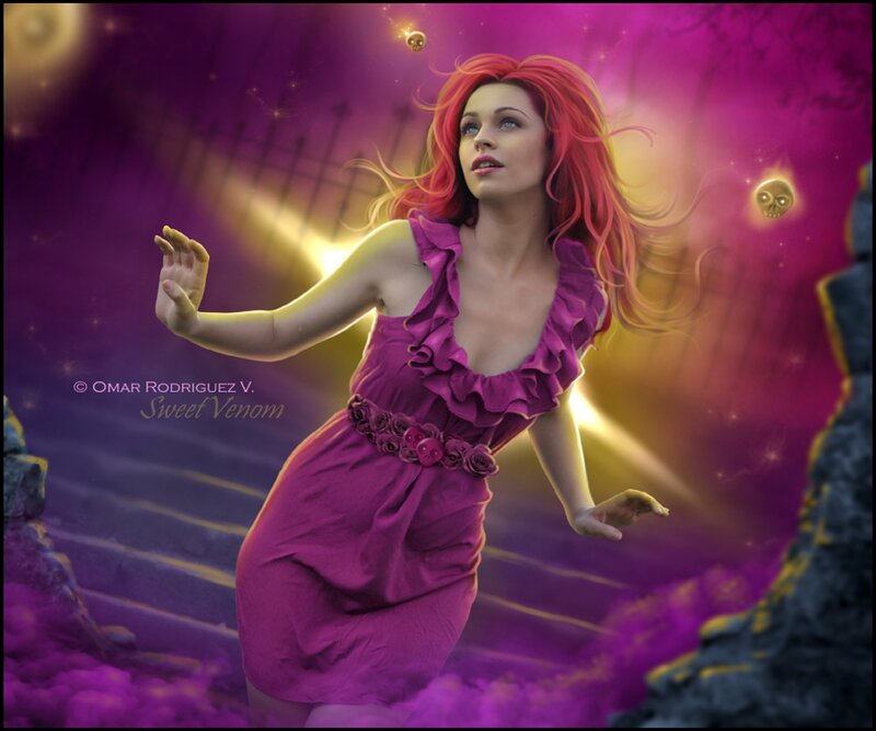 Woman in Purple Dress — Dramatic, Night, Digital Art, Skulls